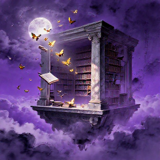 A surreal floating library above purple clouds, books transforming into golden butterflies, moonlight through marble pillars
