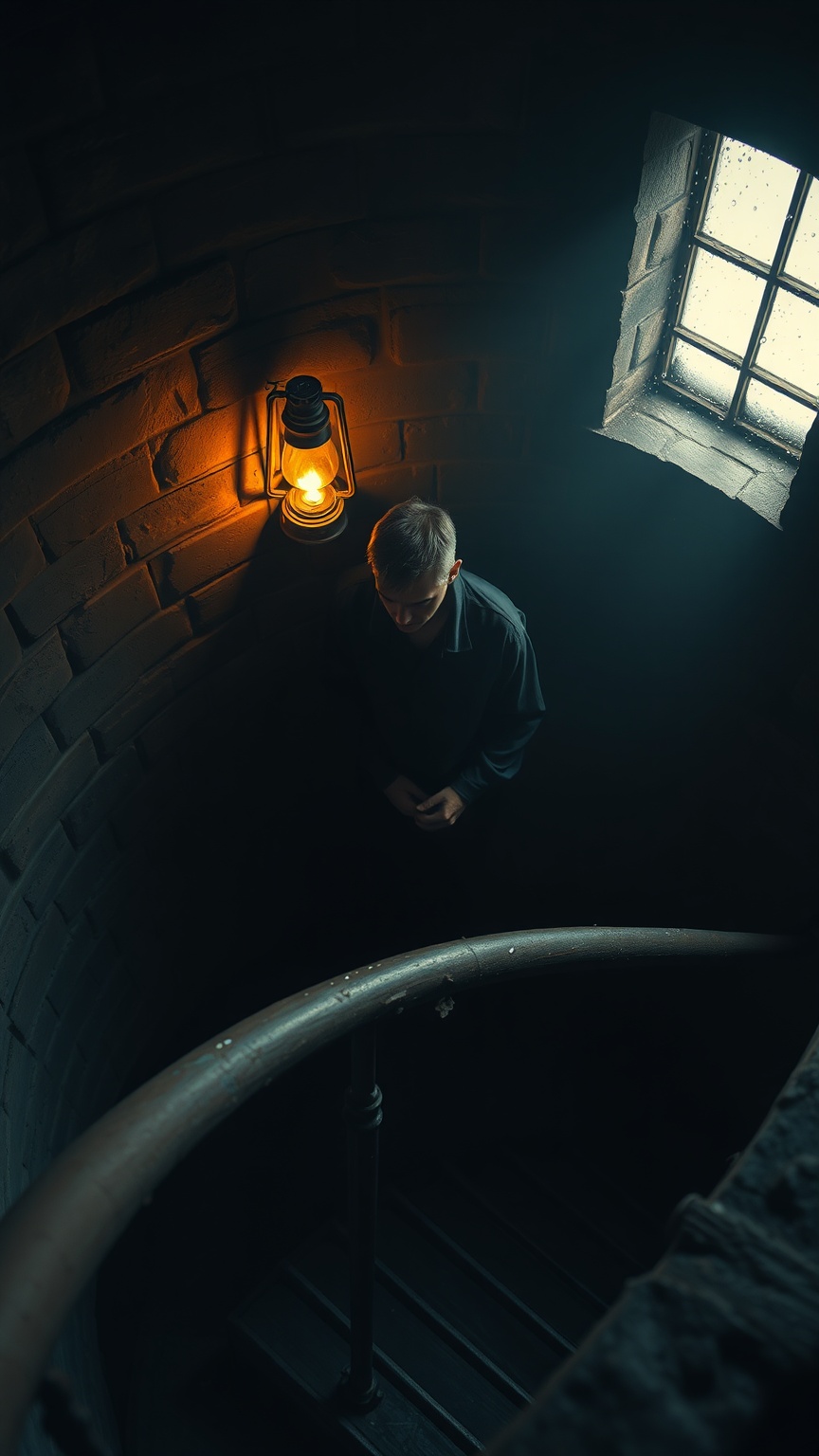 A lighthouse keeper illuminated by oil lamp light at the top of a spiral staircase, chiaroscuro photography with dust particles and atmospheric fog